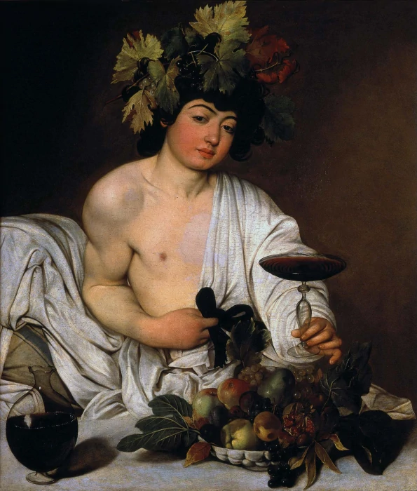 دیونیسوس (Dionysus) یا باکخوس (Bakchos) ایزد شراب، برداشت انگور، جشن‌های مقدس و حاصلخیزی طبیعت. نقاشی رنگ روغن - کاراواجیو ، 1596؛ فلورانس ، ایتالیا.