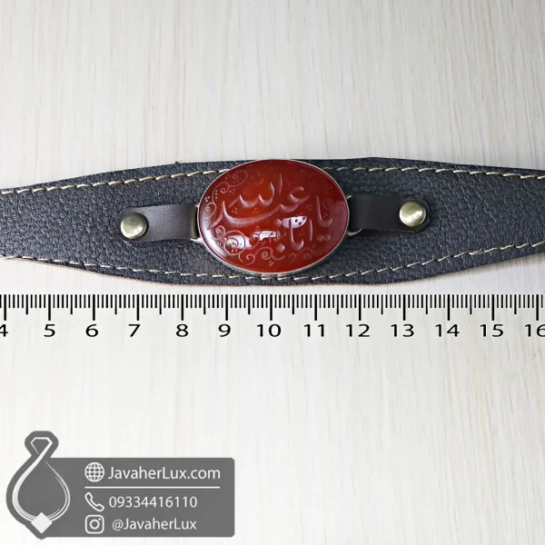 red-agate-leather-bracelet-code-400777 - دستبند چرم عقیق قرمز حکاکی یا ابا عبد الله - جواهر لوکس - javaherlux.com