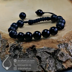 دستبند مهره سنگی عقیق سیاه بافت کشویی _ کد : 400937