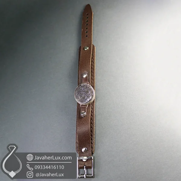 دستبند چرم طبیعی با نگین سنگ دُر (کریستال کوارتز) حکاکی علی ولی الله _ کد 401037