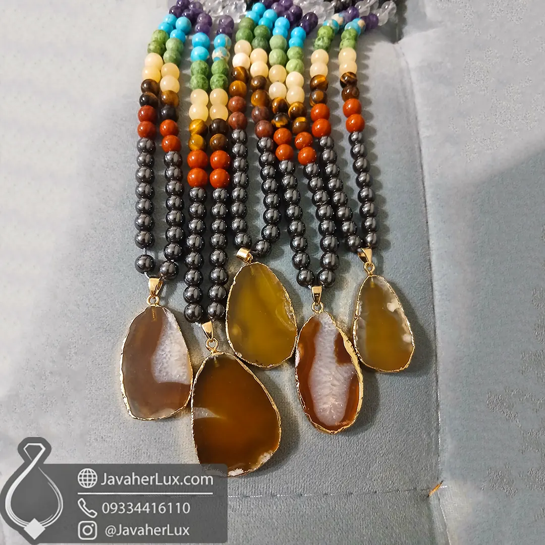 seven-chakra-stones-necklace-and-hematite-natural-agate-pendant-401076-گردنبند هفت سنگ چاکرا + حدید با مدال آویز عقیق طبیعی جواهرلوکس