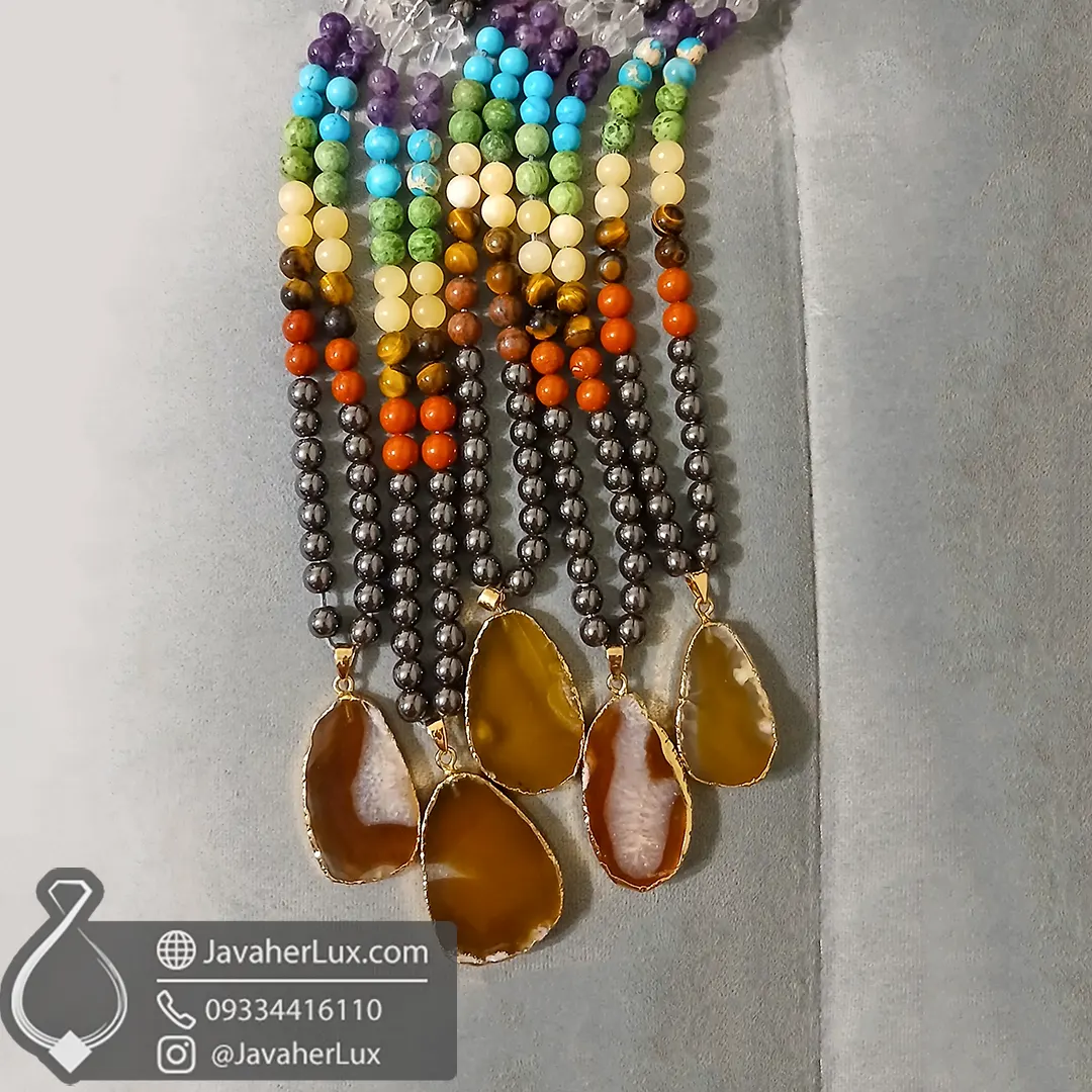 seven-chakra-stones-necklace-and-hematite-natural-agate-pendant-401076-گردنبند هفت سنگ چاکرا + حدید با مدال آویز عقیق طبیعی جواهرلوکس
